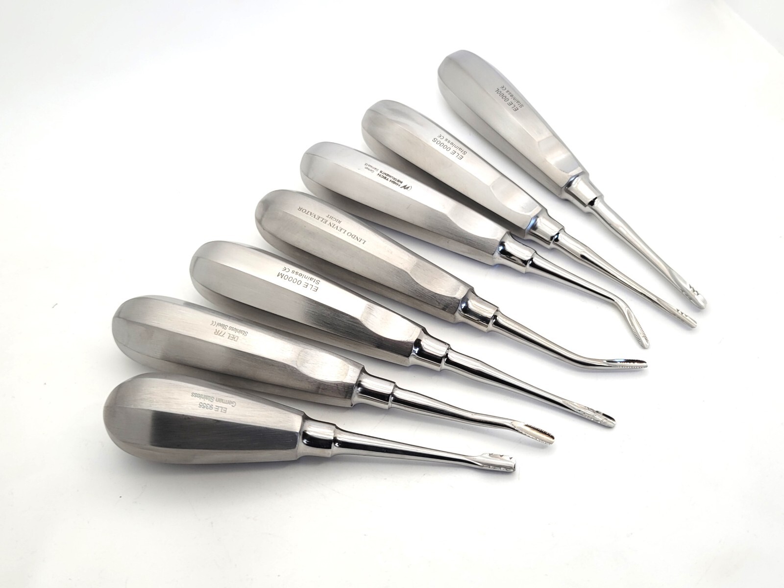 7 pcs Assorted Serrated Root Tip Straight Curved Angled Offset Dental Elevators