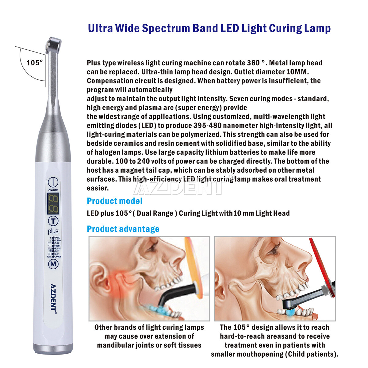 LED plus105 Dental lampara led de fotocurado cura 2500 mw/cm² 1 Second Curing