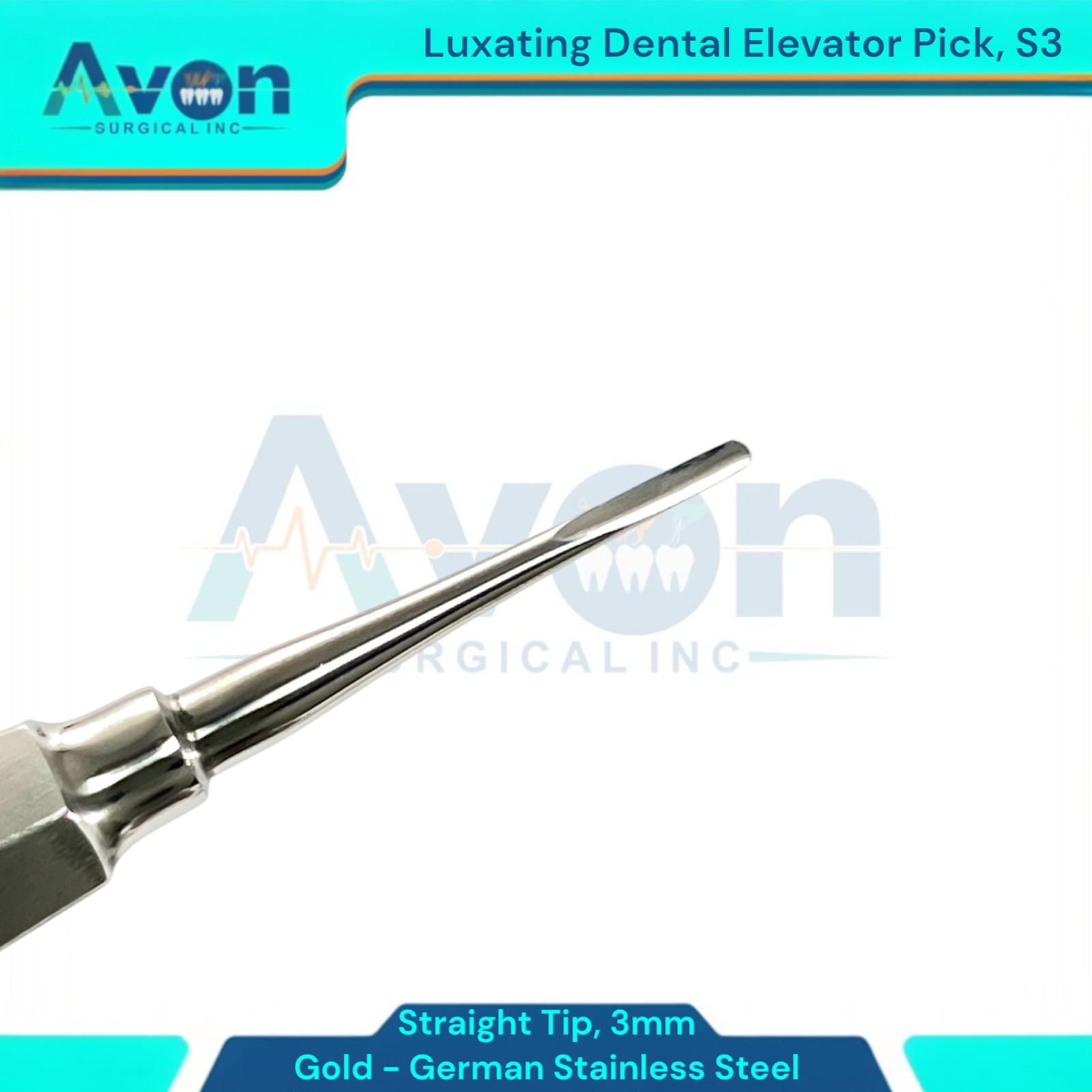 Apical Tooth Root Pick Elevator, 3mm Straight, Gold Color, Autoclave-Safe