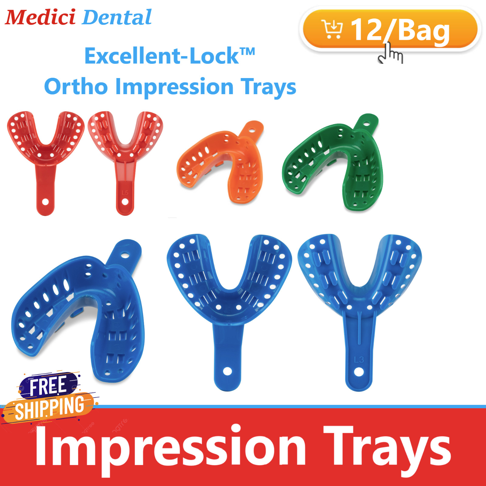 Dental Algilock Ortho Impression Trays Small, Medium, Large, Upper/Lowr, 10/Bag