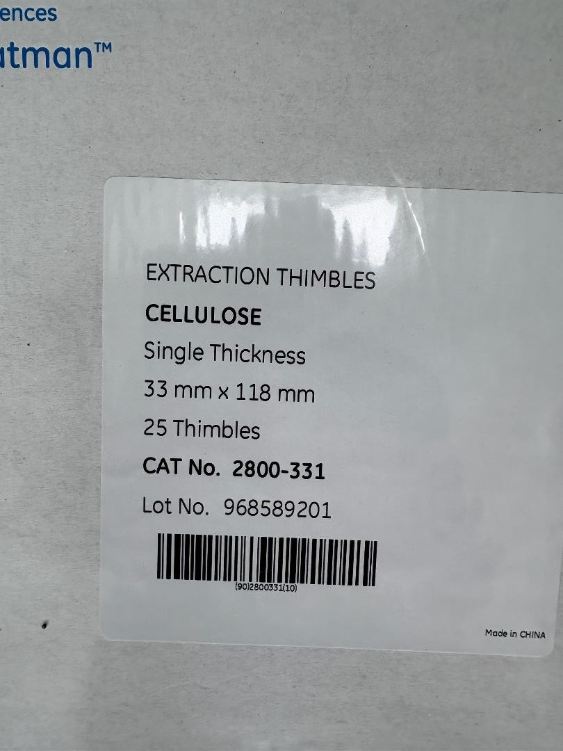 Factory Seal Whatman 2800-331 Cellulose Extraction Thimbles (25 pcs), 33 x 118mm