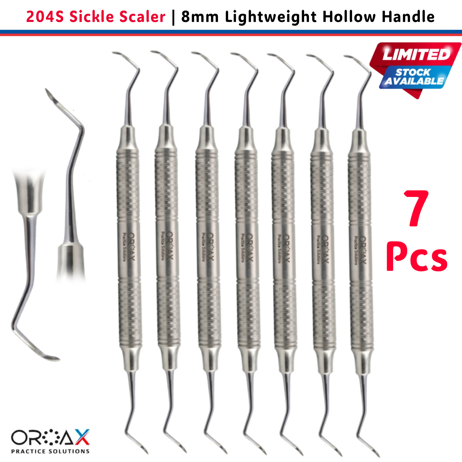 Dental 204S Sickle Scaler 8mm Lightweight Hollow Handle Periodontal 7 Pcs