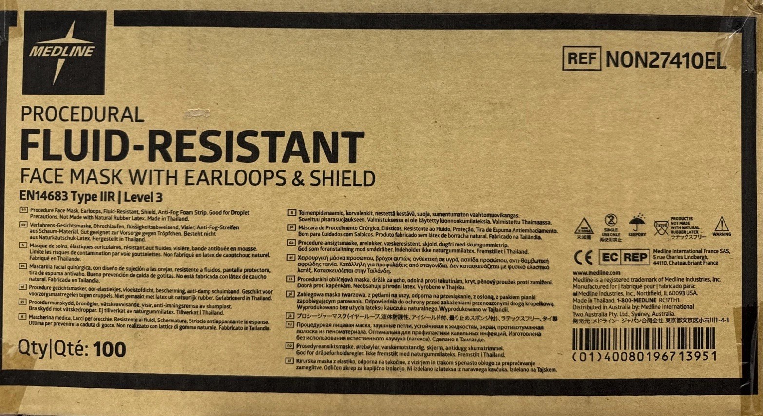 Medline Level 3 Fluid-Resistant Face Mask w/ Shield, EL REF NON27410EL, 100/Case
