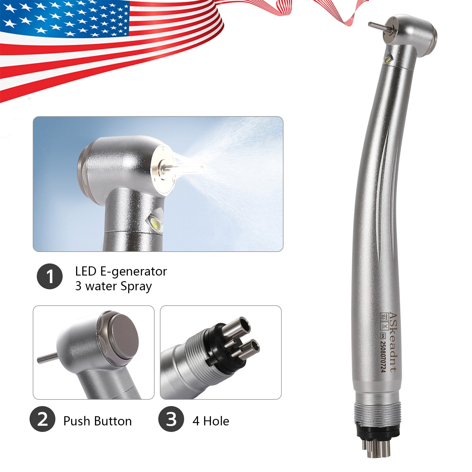 Dental LED E-generator Fiber Optic Push Button 4Holes Turbine Handpiece Y