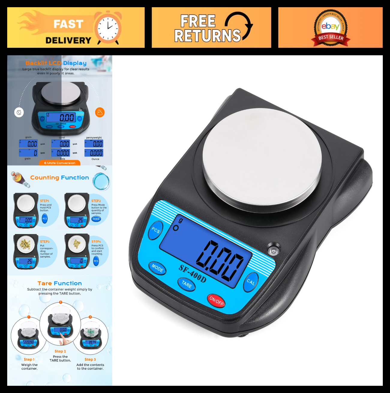 Precision Digital Lab Scale 600g x 0.01g – LCD Display Analytical Balance for Je