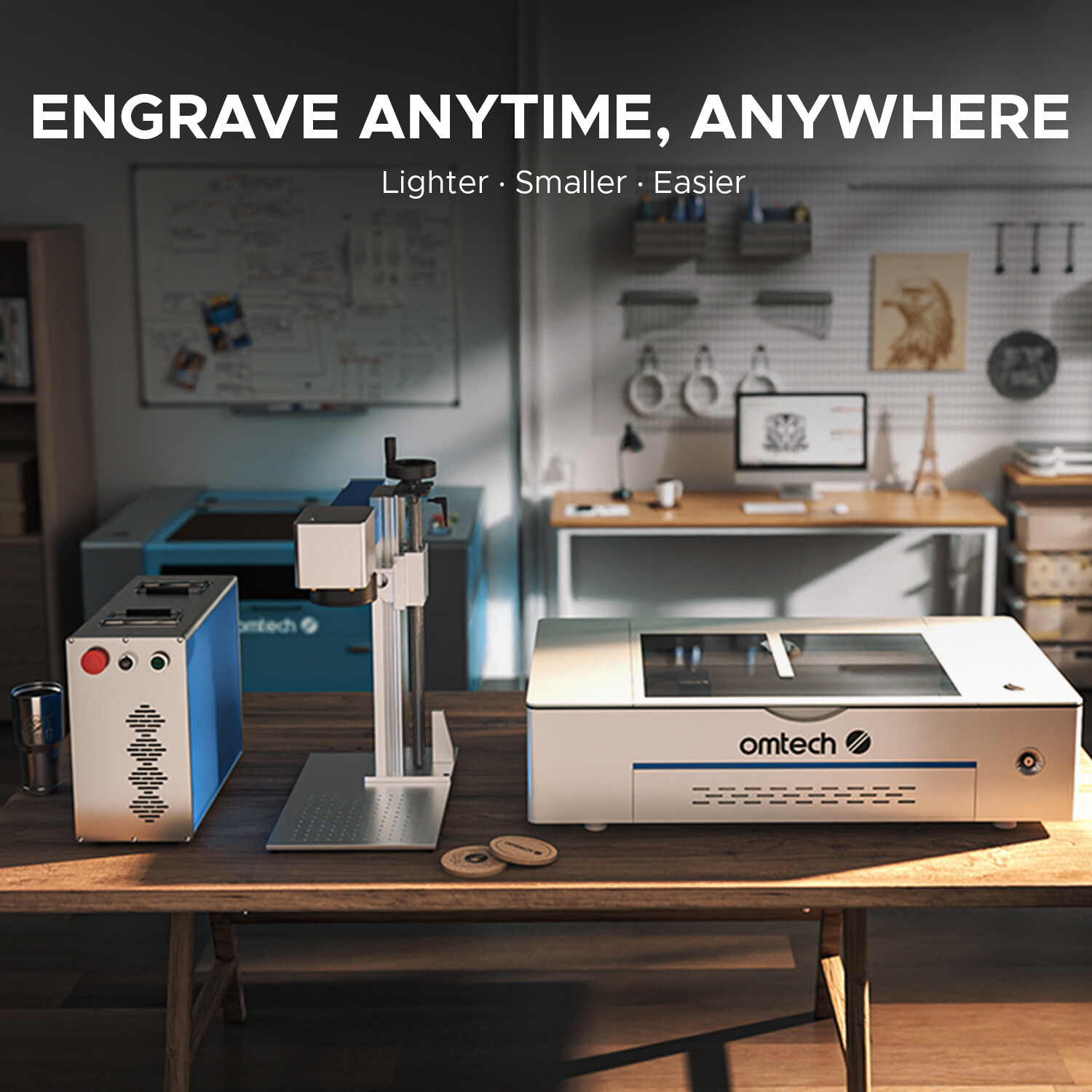 OMTech™️ 50W Max Fiber Laser Marking Engraving Machine 8×8 in with Rotary Axis