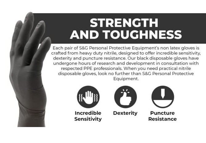 S&G Black Nitrile Gloves Latex Powder Free 5 Mil 1000pcs M/L/XL