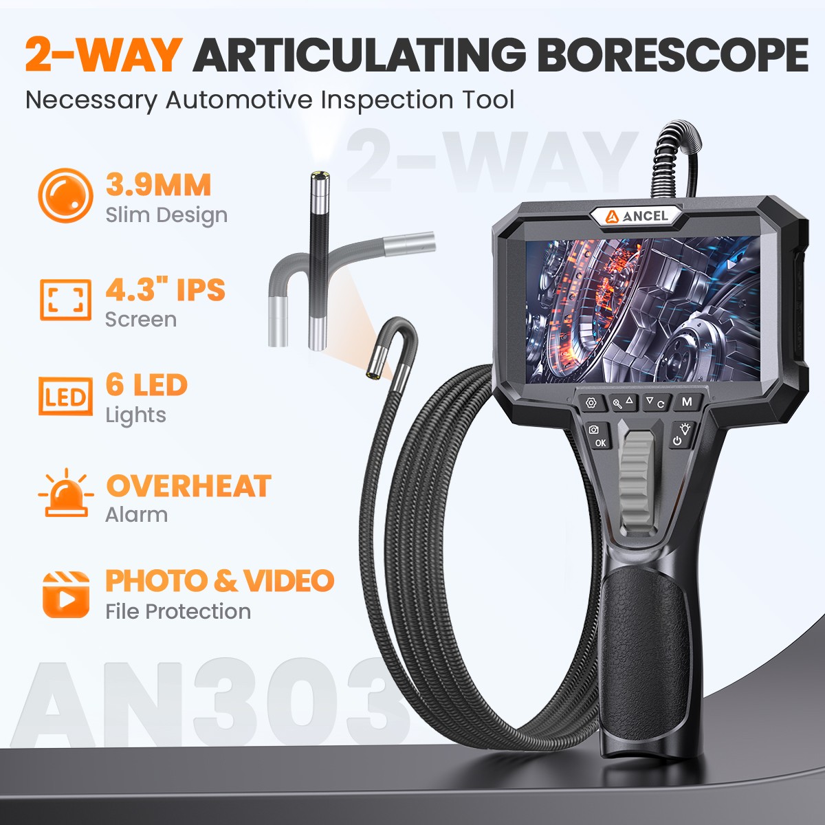 ANCEL AN303 Articulating Borescope 2-Way 210° Industrial Endoscope Camera 3.9mm
