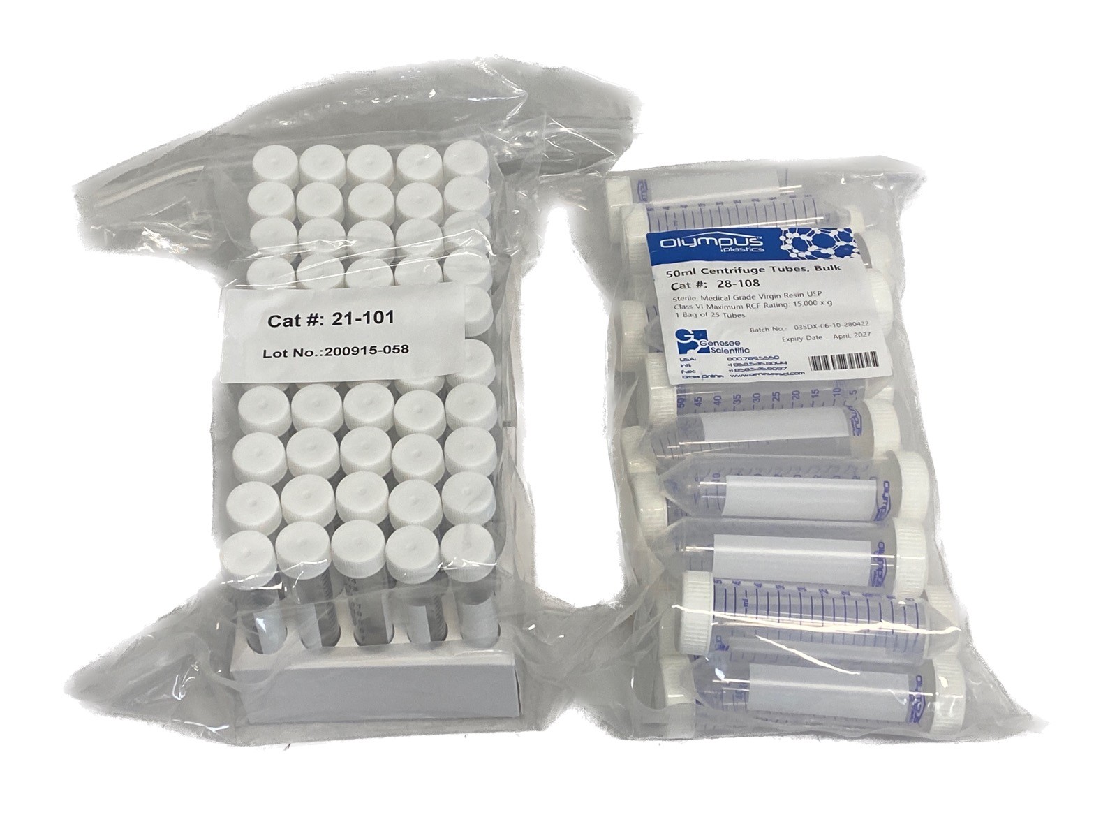 (75) OLYMPUS 15mL & 50mL PP Graduated Conical Centrifuge Tubes 28-108 21-101