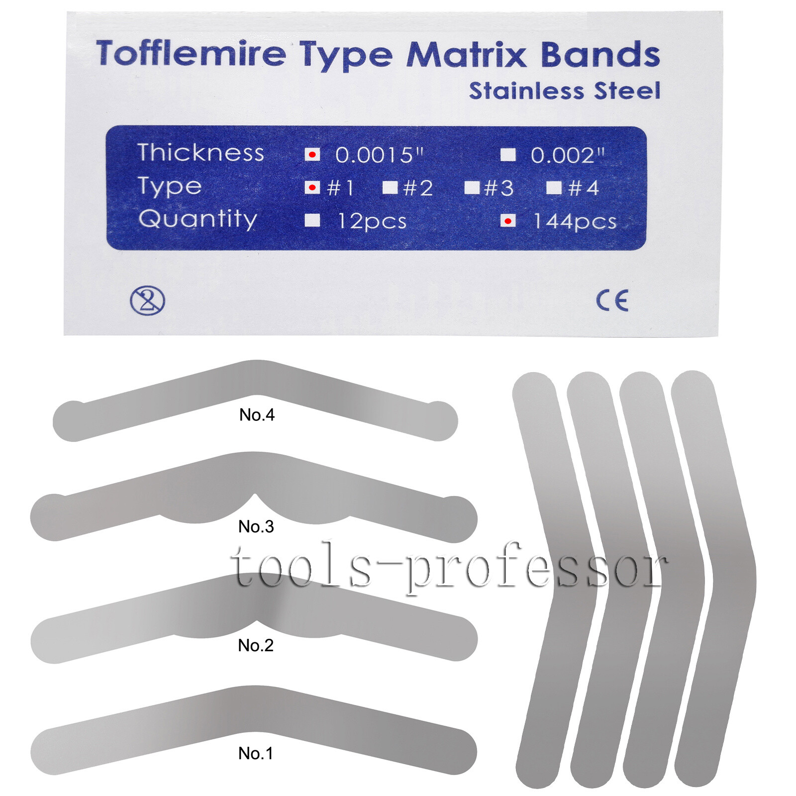 144Pc Dental Universal Matrix Bands Tofflemire Stainless Steel Bands .0015 4Type