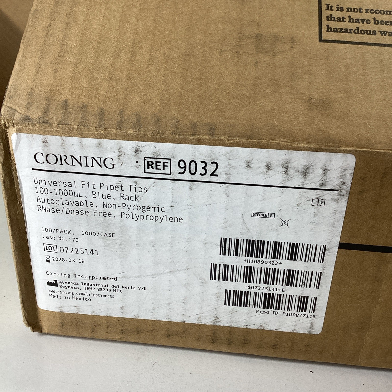 CORNING 9032 100-1000uL Universal Fit Pipet Tips 10x 100/Rack Blue Exp 03/2028