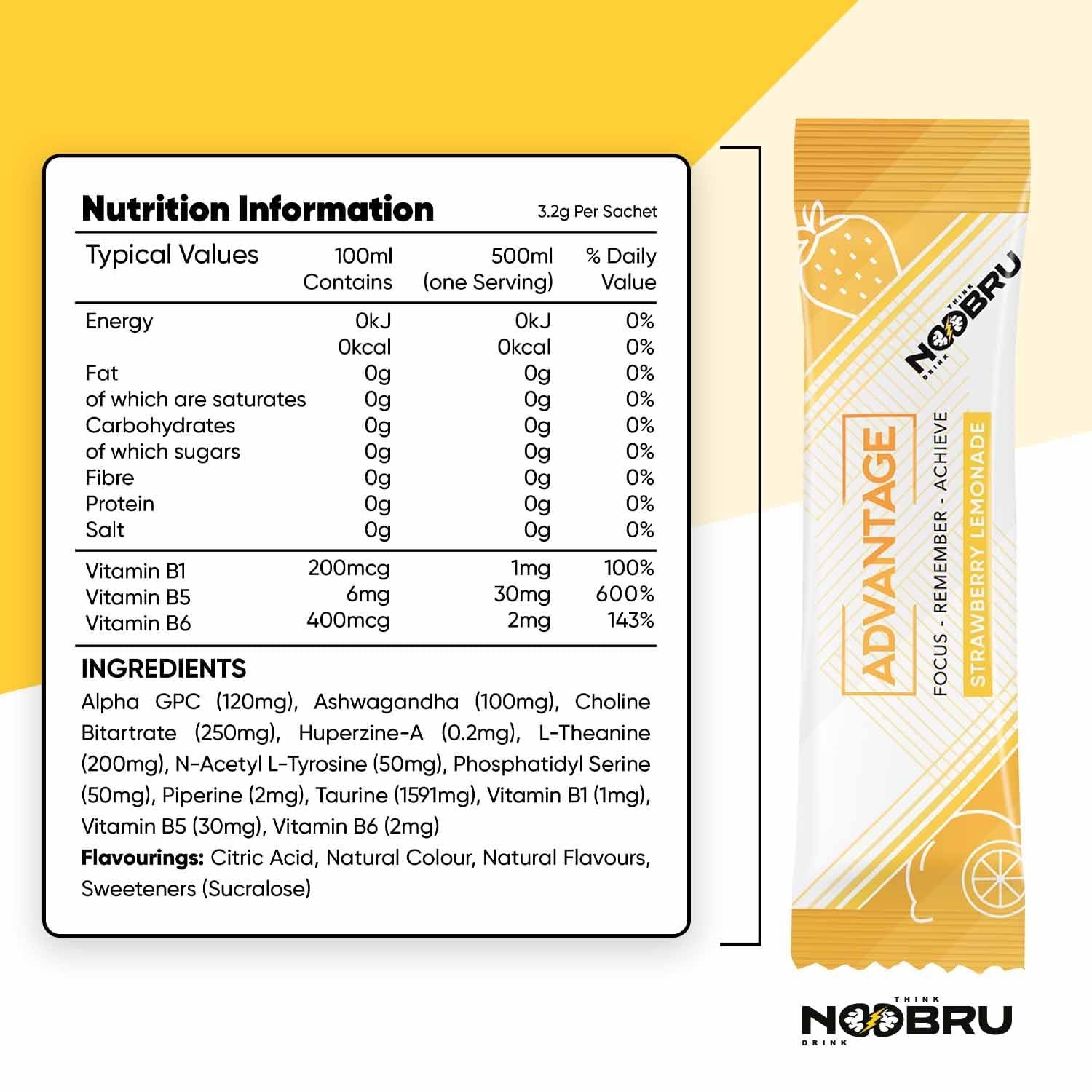 Noobru Advantage Nootropic Brain Supplement 20 Strawberry Lemonade Sachets 1 Mon