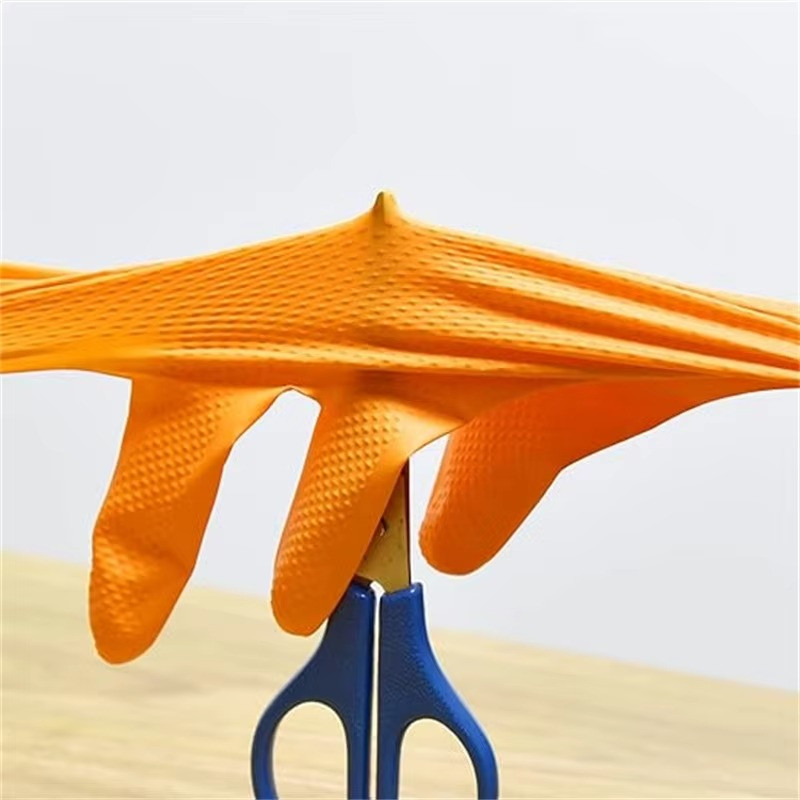 Orange Nitrile Disposable Gloves Strong Heavy Duty Diamond Orange 10PCS M
