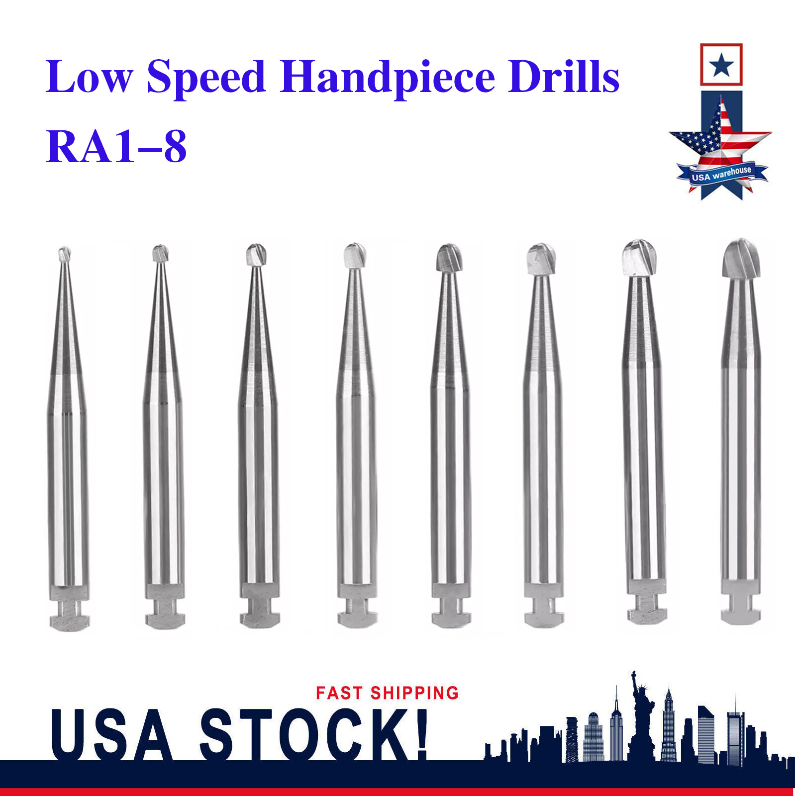 8 Types Dental Round Carbide Bur for Slow Speed Latch Type RA 1# – 8# Burs