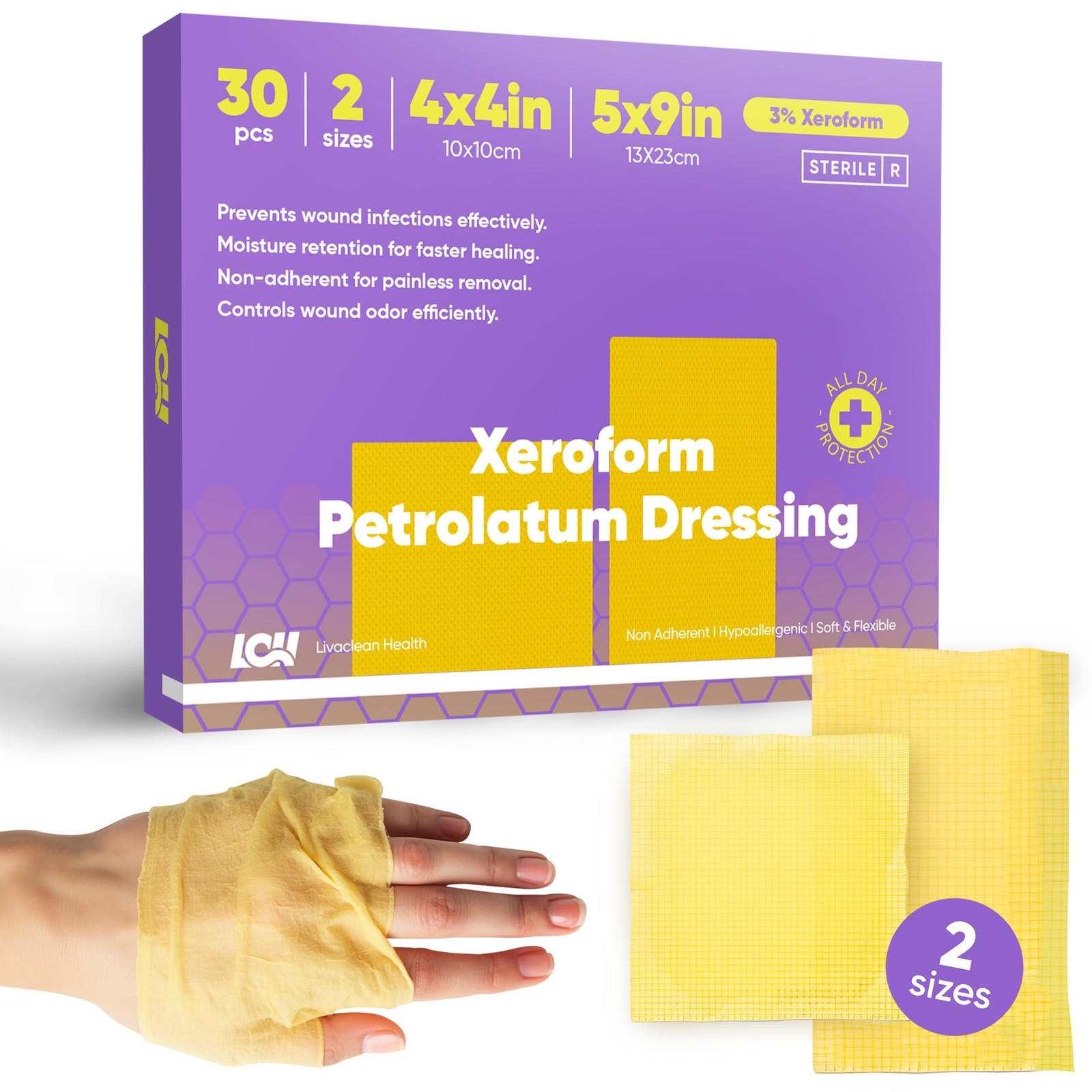 30 CT Xeroform Petrolatum Dressing – Non Stick Gauze 5″x9″ & 4″x4″, Yellow