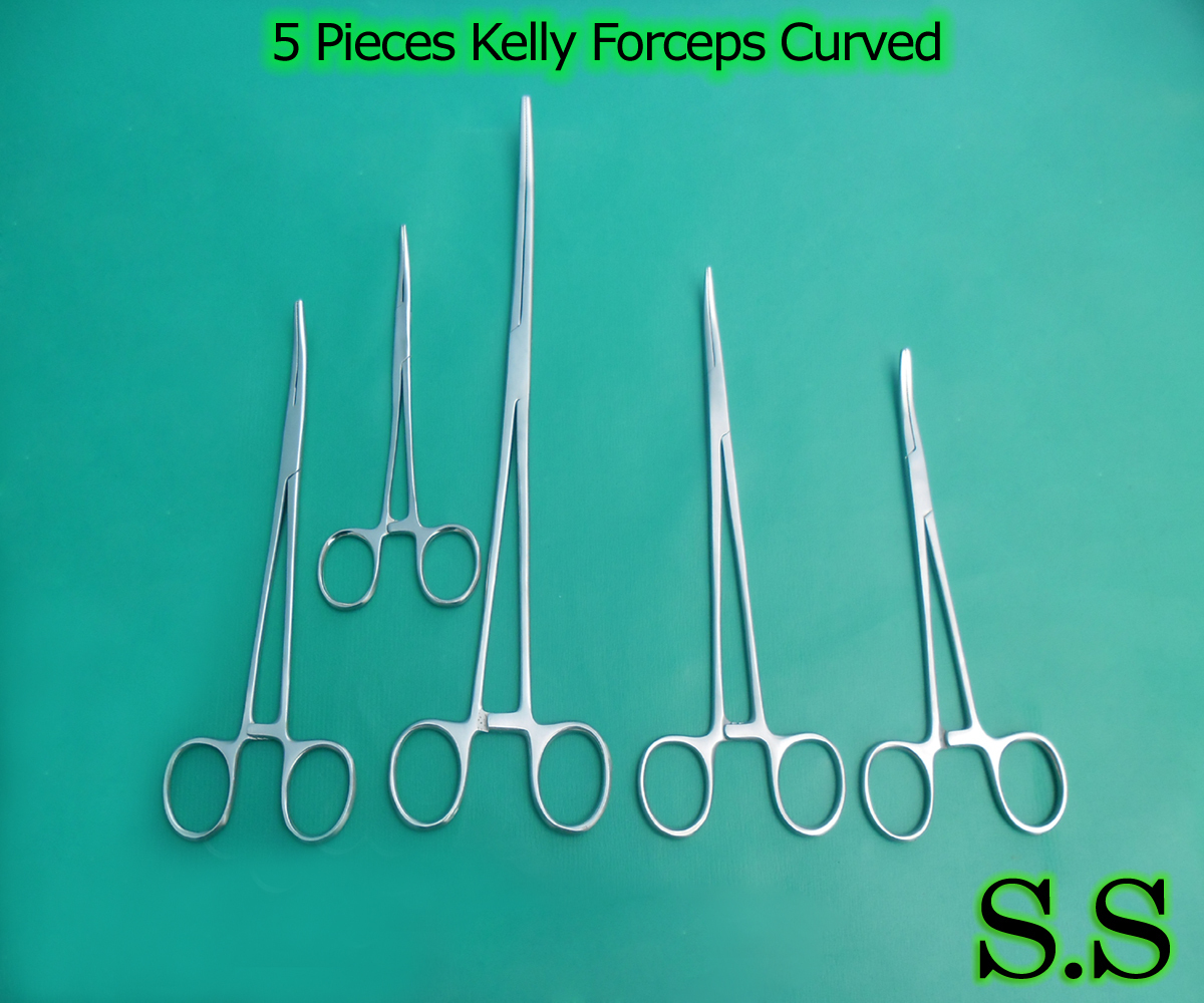 5 Pieces Kelly Hemostat Forceps Curved 5.5″+6.5″+7″+8″10″ Surgical Instrument
