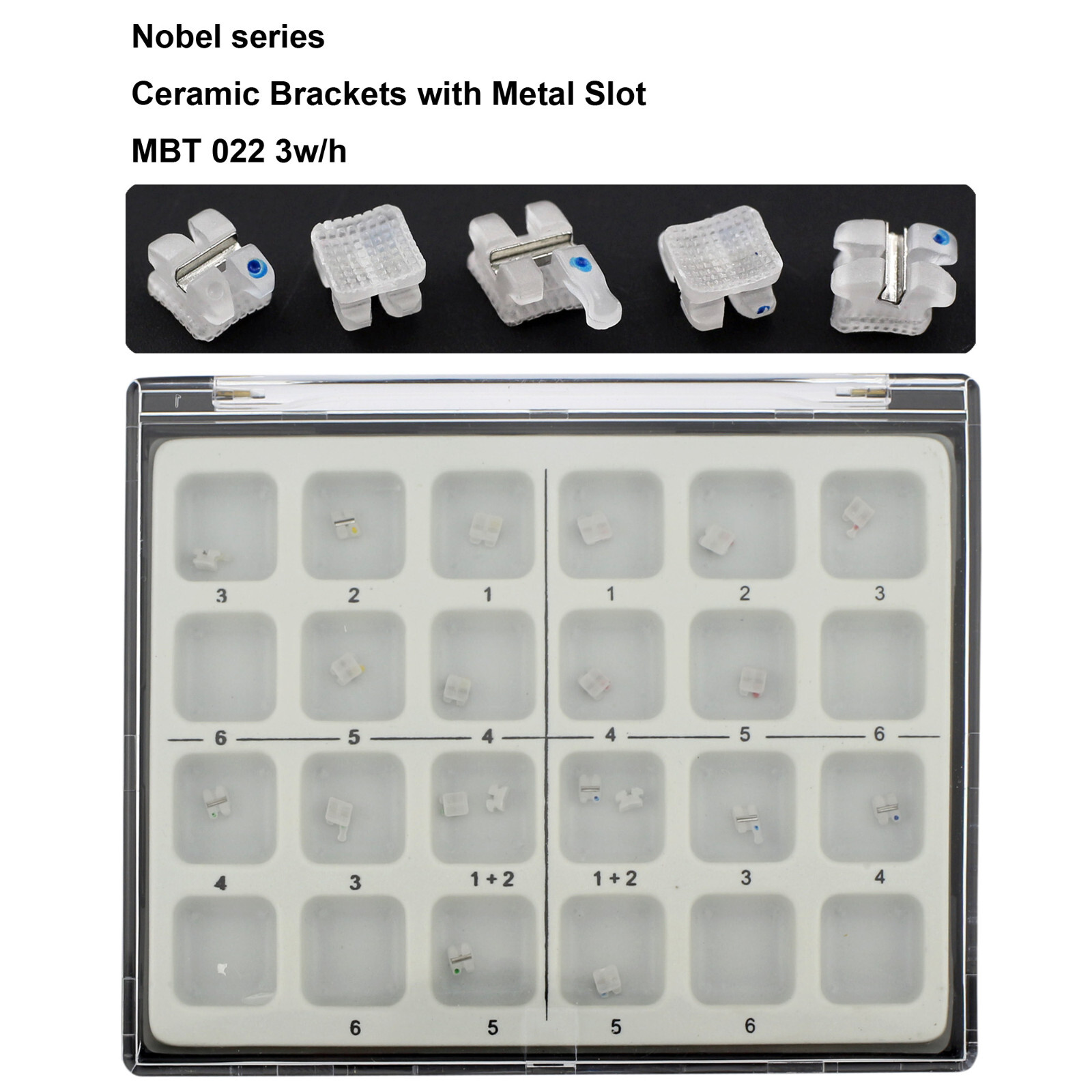 Dental Orthodontic Ceramic Brackets Metal Slot Roth MBT 022 3 Hooks Aesthetics