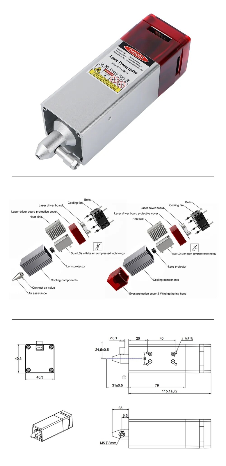 10W Laser Module With Air Assist For CNC Router Machine Engraving Cutting Tool