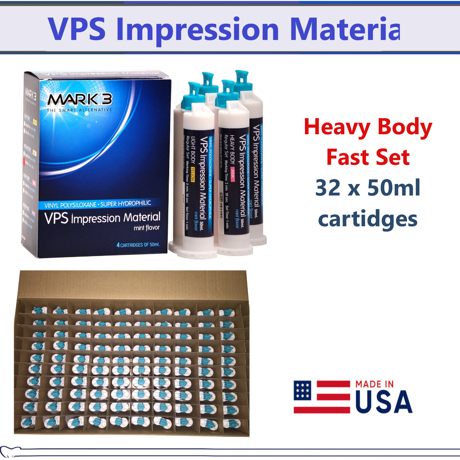 32 x50ml Cartridges Dental Mark3 VPS Impression Material HEAVY BODY FAST SET USA
