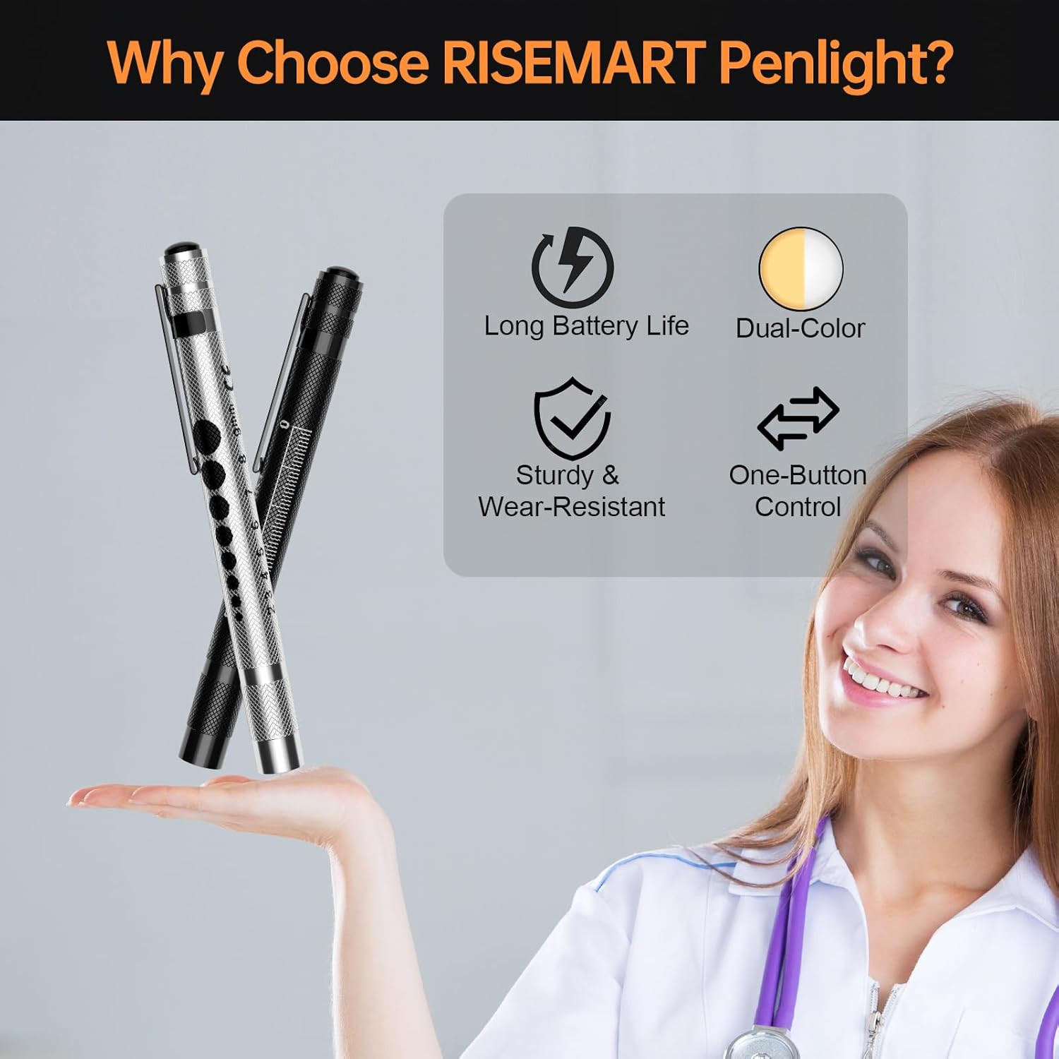 2 Pack Pen Light for Nurse, Medical Penlight with One-Button Switch for White &