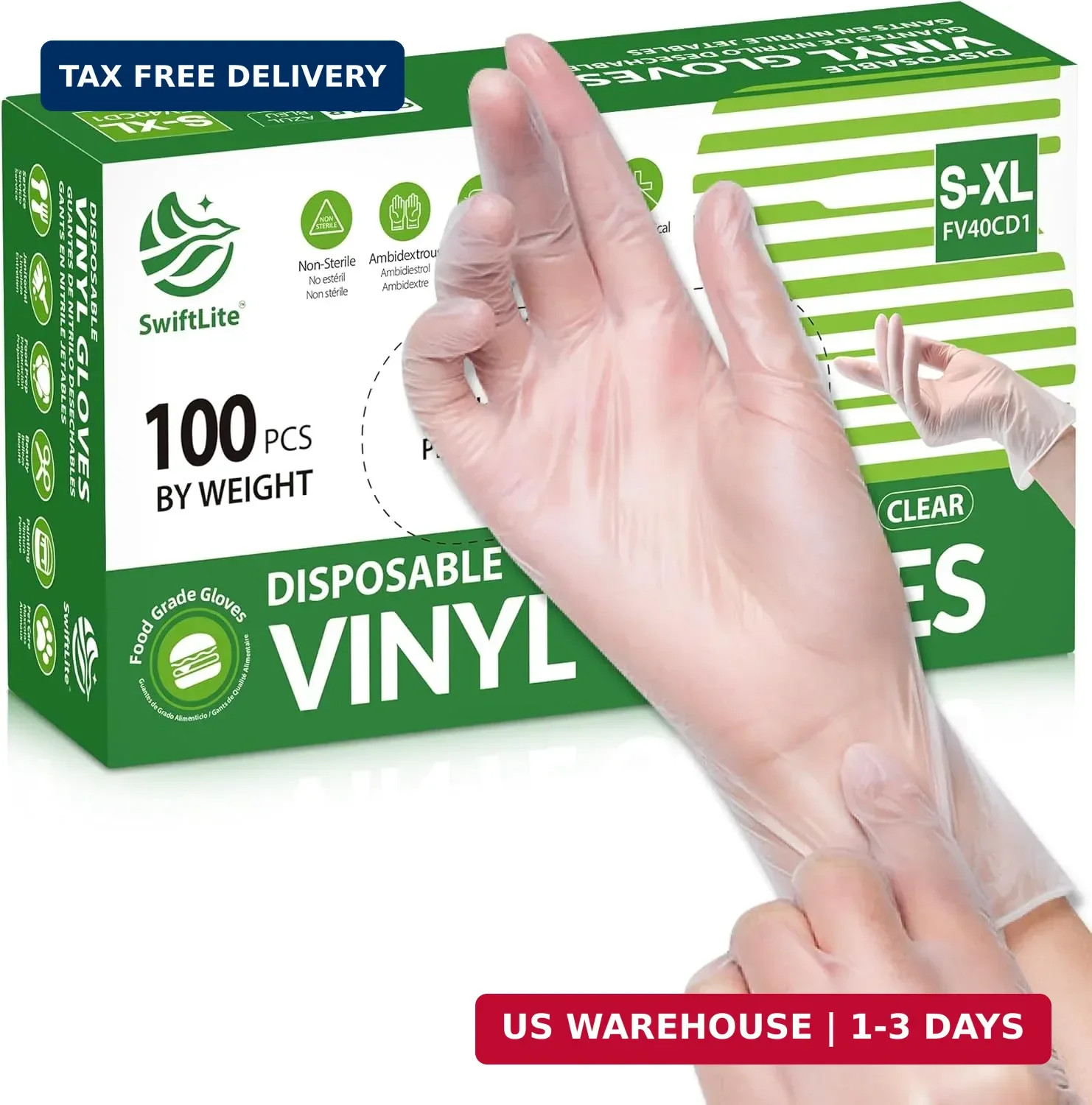 SWIFTLITE Disposable Vinyl Gloves, Food Safe, Latex-Free Powder-Free Clear Plast