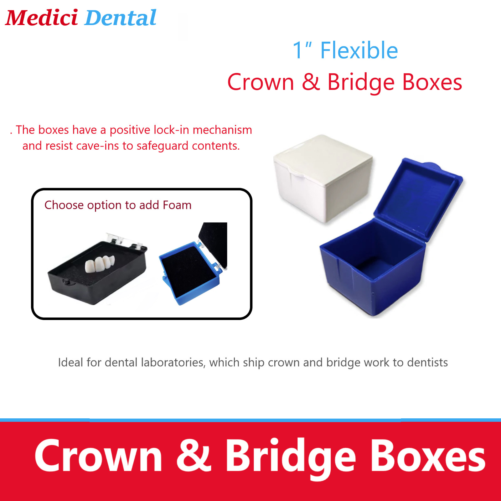 Dental Flexible Crown Box 1″ Inch, Blue, White w/Foam, Lab Shipping Boxes 1/200