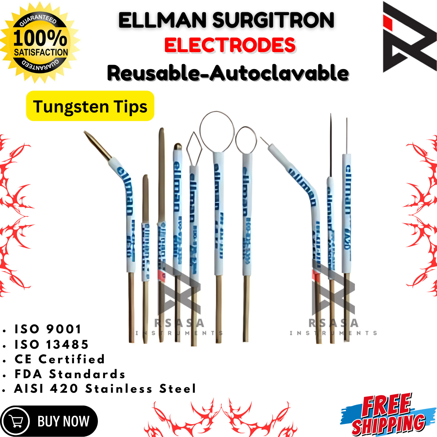 Ellman Surgitron Handpiece Electrodes CE Certified Reusable-Autoclavable 10 Pcs