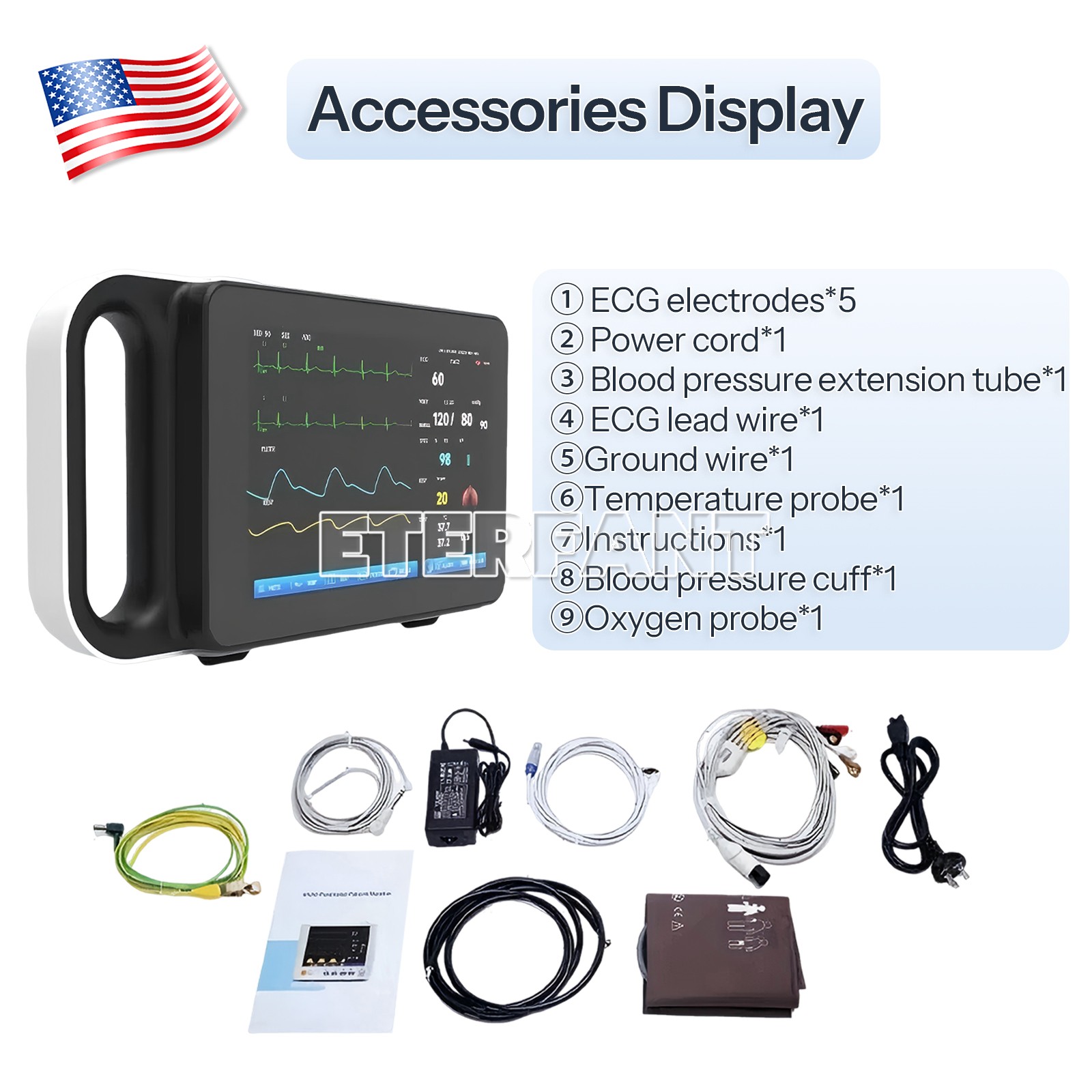 ETERFANT 5 inch/7 inch Touch Screen Patient Monitor ECG/RESP/TEMP/NIBP/SPO2/PR
