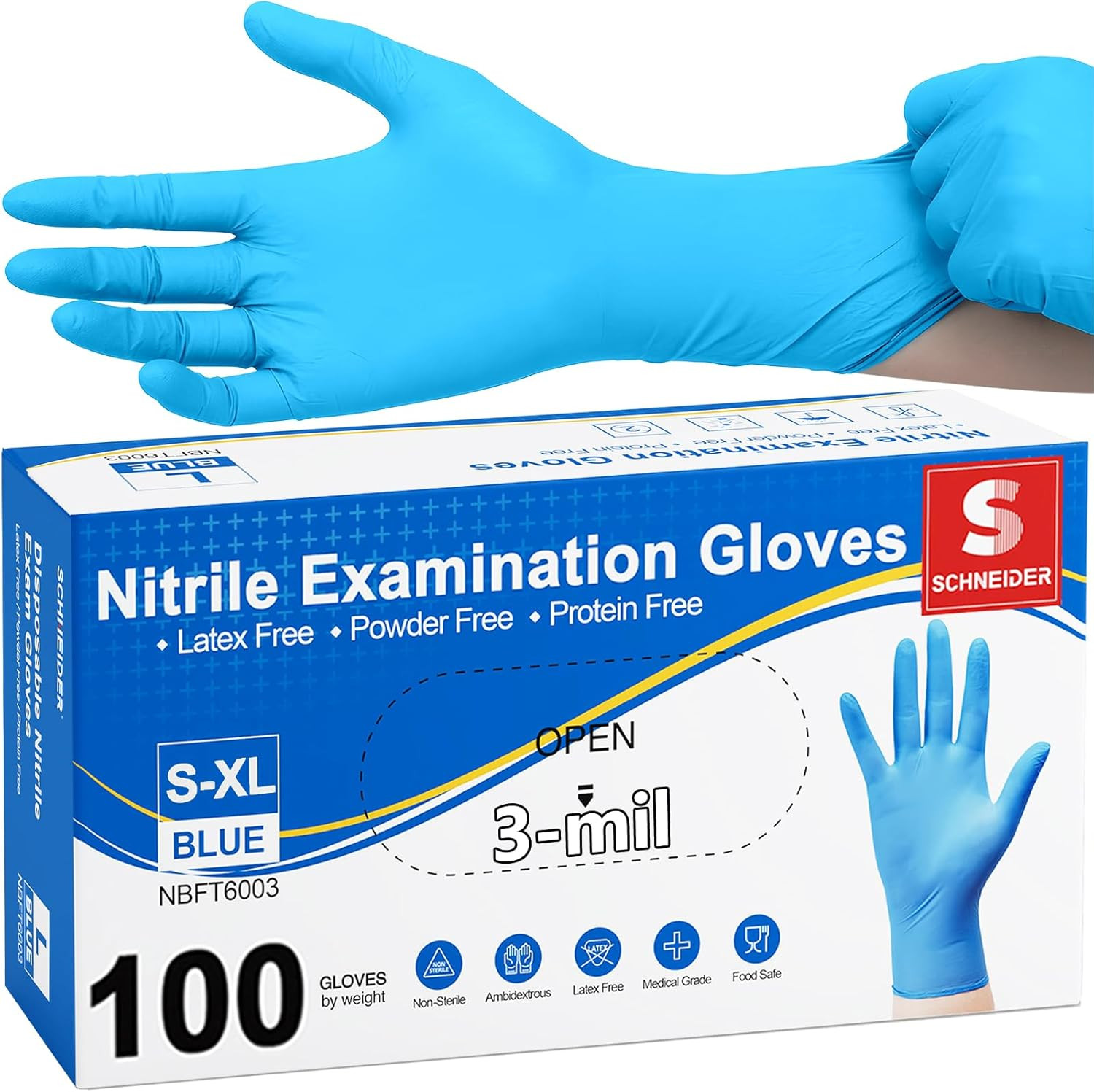 Schneider Nitrile Exam Gloves, Medical Grade Blue Disposable Gloves Latex Free,