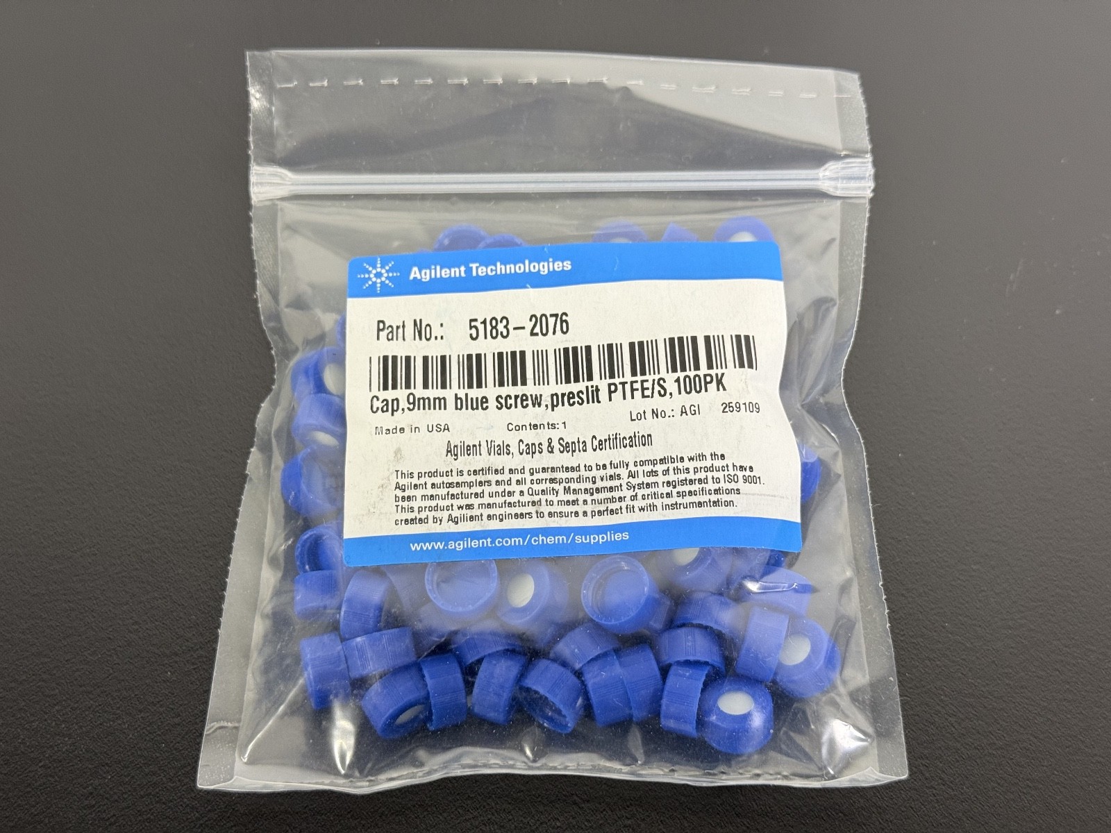 HPLC Vial Cap: Agilent 9mm blue screw PTFE 5182-0717 100/PK *NEW*