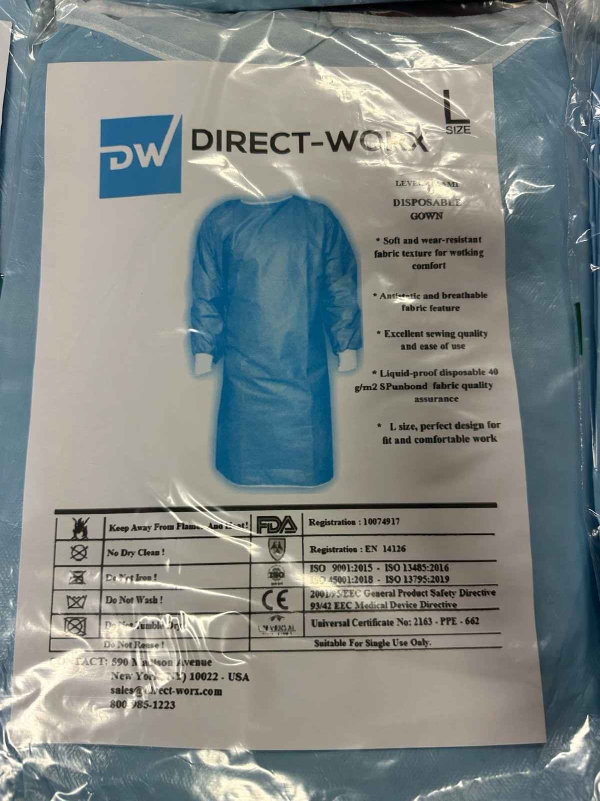 Direct-Worx Surgical Disposable Gown Lot of 20 Sz Large Knit Cuffs Level 3 AAMI