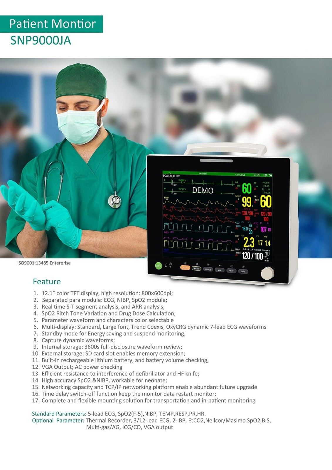 12.1″ TFT Patient Monitor ECG/NIBP/SPO2/RESP/TEMP trends/alarm with Printer