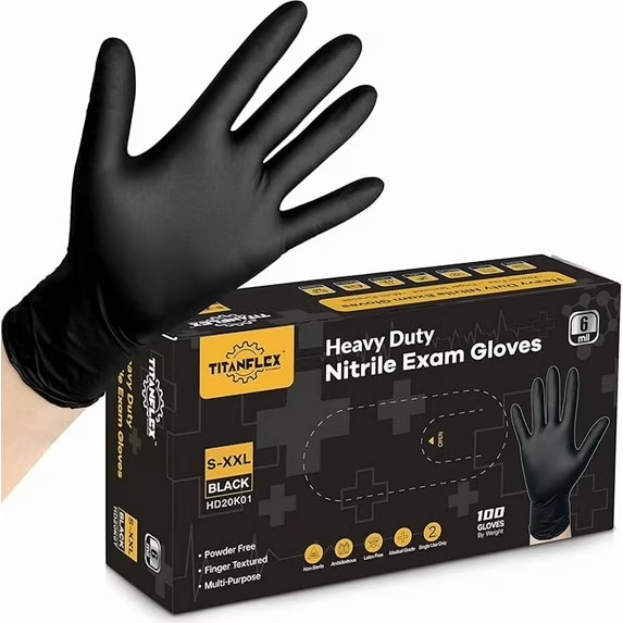 TitanFlex Disposable Nitrile Exam Gloves, 6-mil, Black, XL 100-ct Box,Heavy Duty