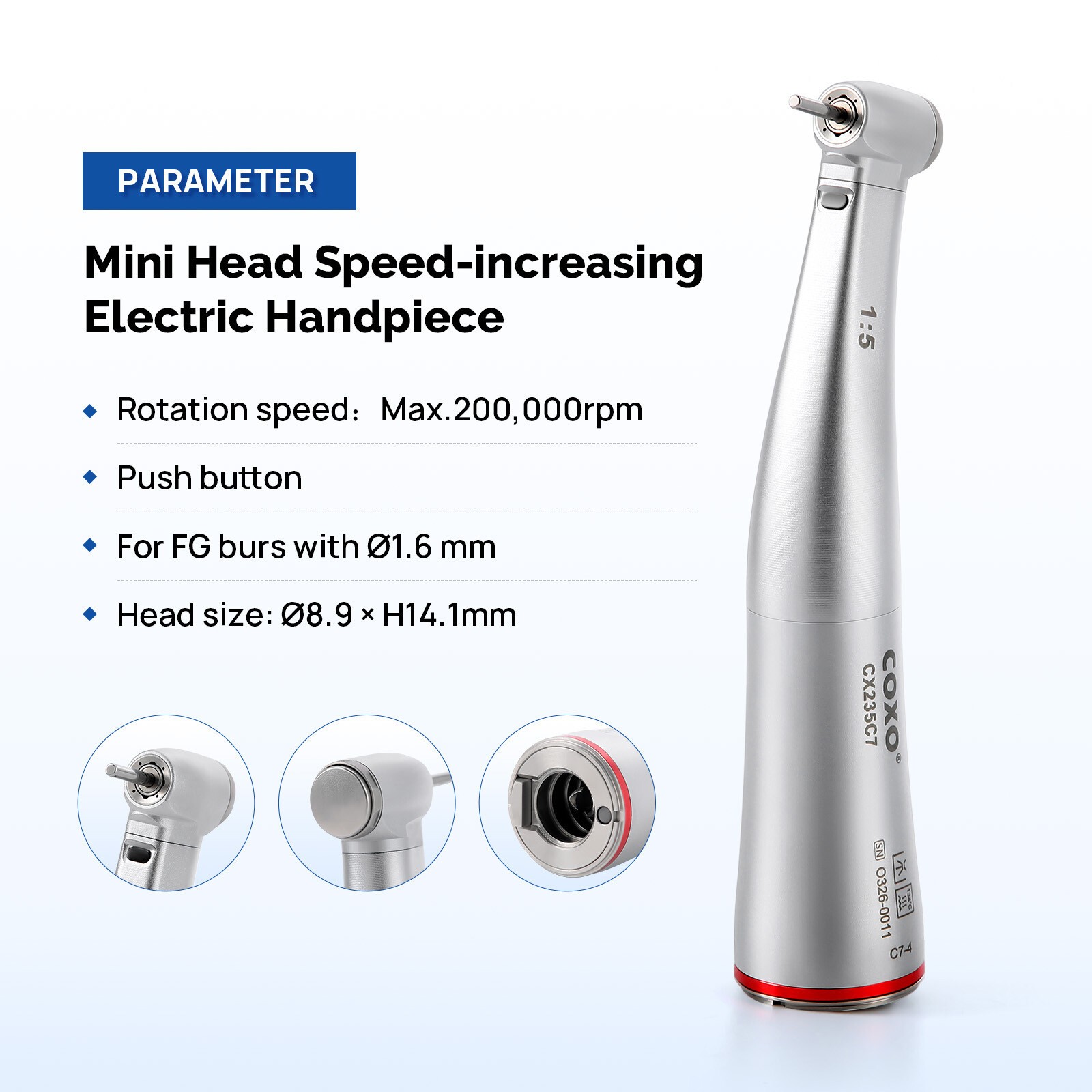 COXO CX235C7 Dental Mini Head 1:5 increasing Electric Handpiece Fiber Optic