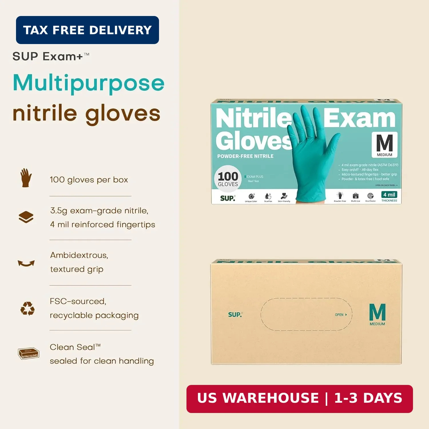 SUP Powder-Free Nitrile Exam Gloves, 100 Count Food Safe Latex-Free Disposable G