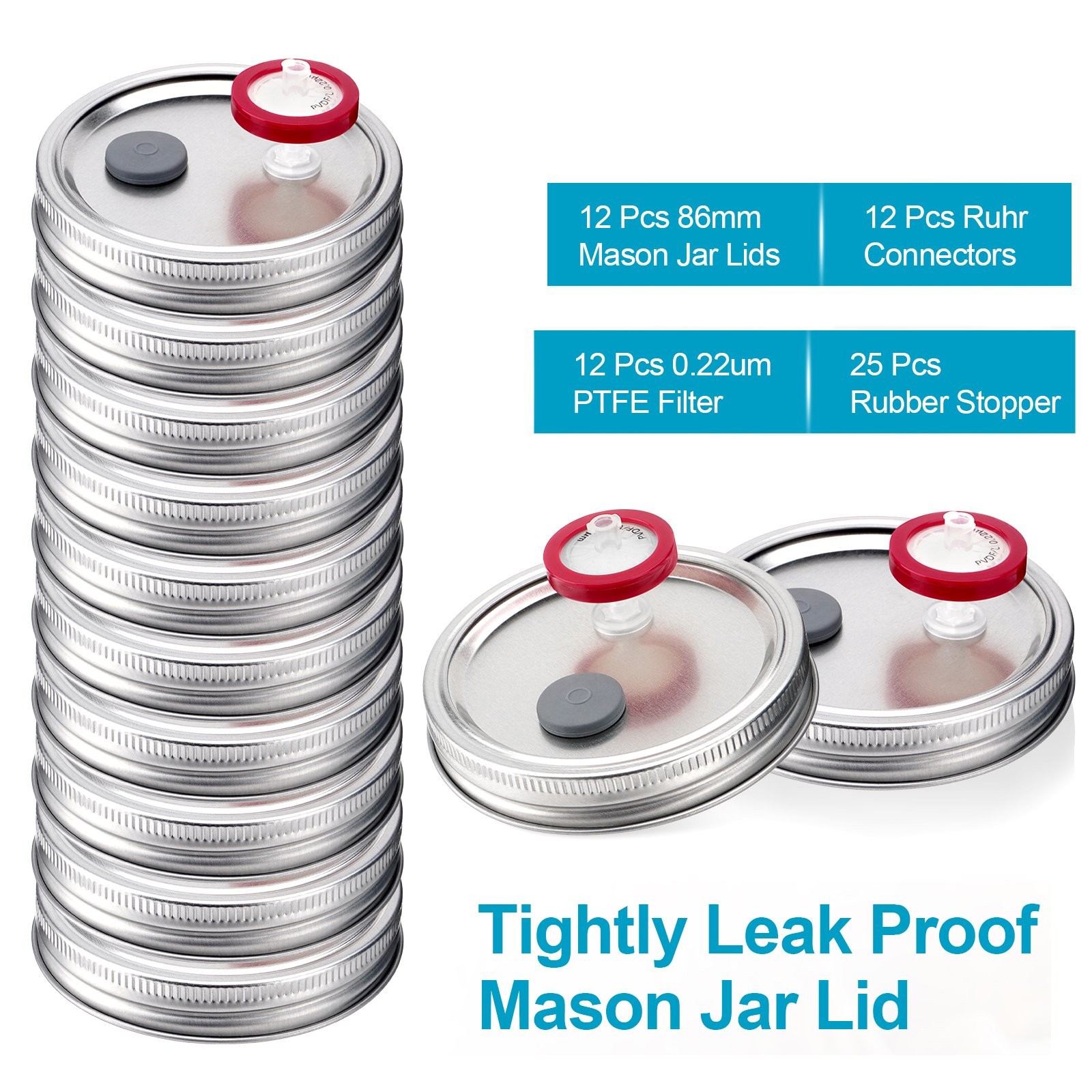 12Pcs Mouth Mushroom Liquid Culture Lids, Mason Jar Lid with rubber stopper