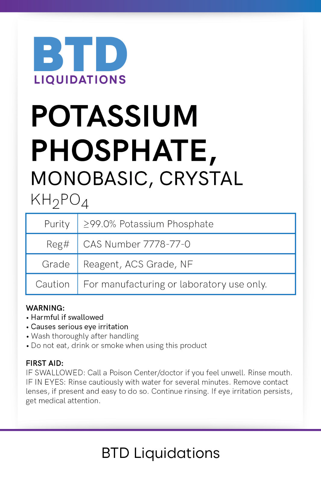 Potassium Phosphate Monobasic ACS Reagent Grade 99.0% 500 Grams