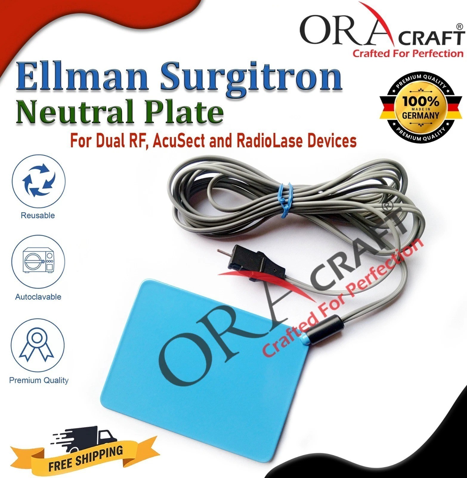 Ellman Surgitron 4.0 Dual RF 90 H4 Patient Plate Valleylab Connector Blue Colour
