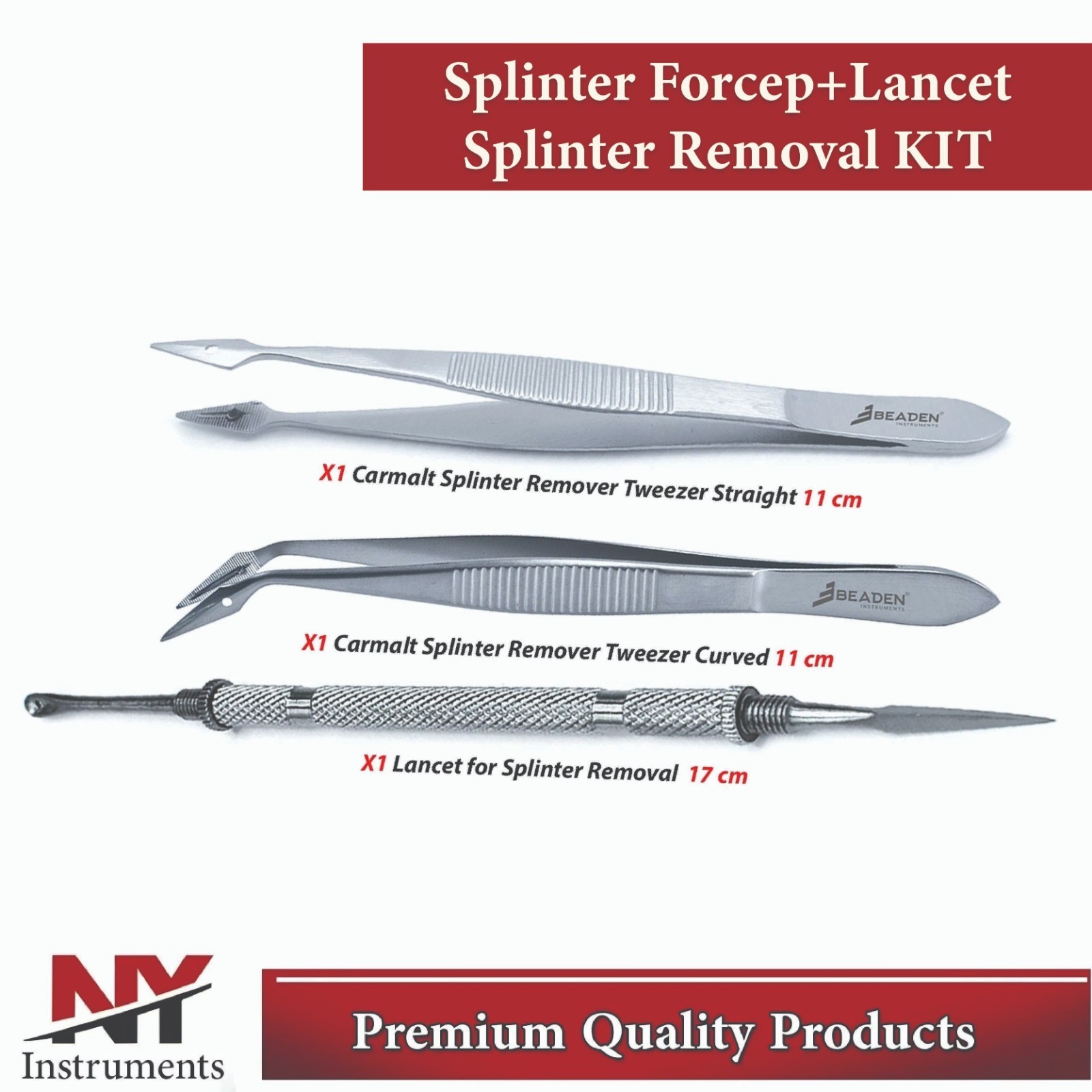 Carmalt Splinter Tweezers Forceps Str & Cur & Lancet For Splinter Removal KIT