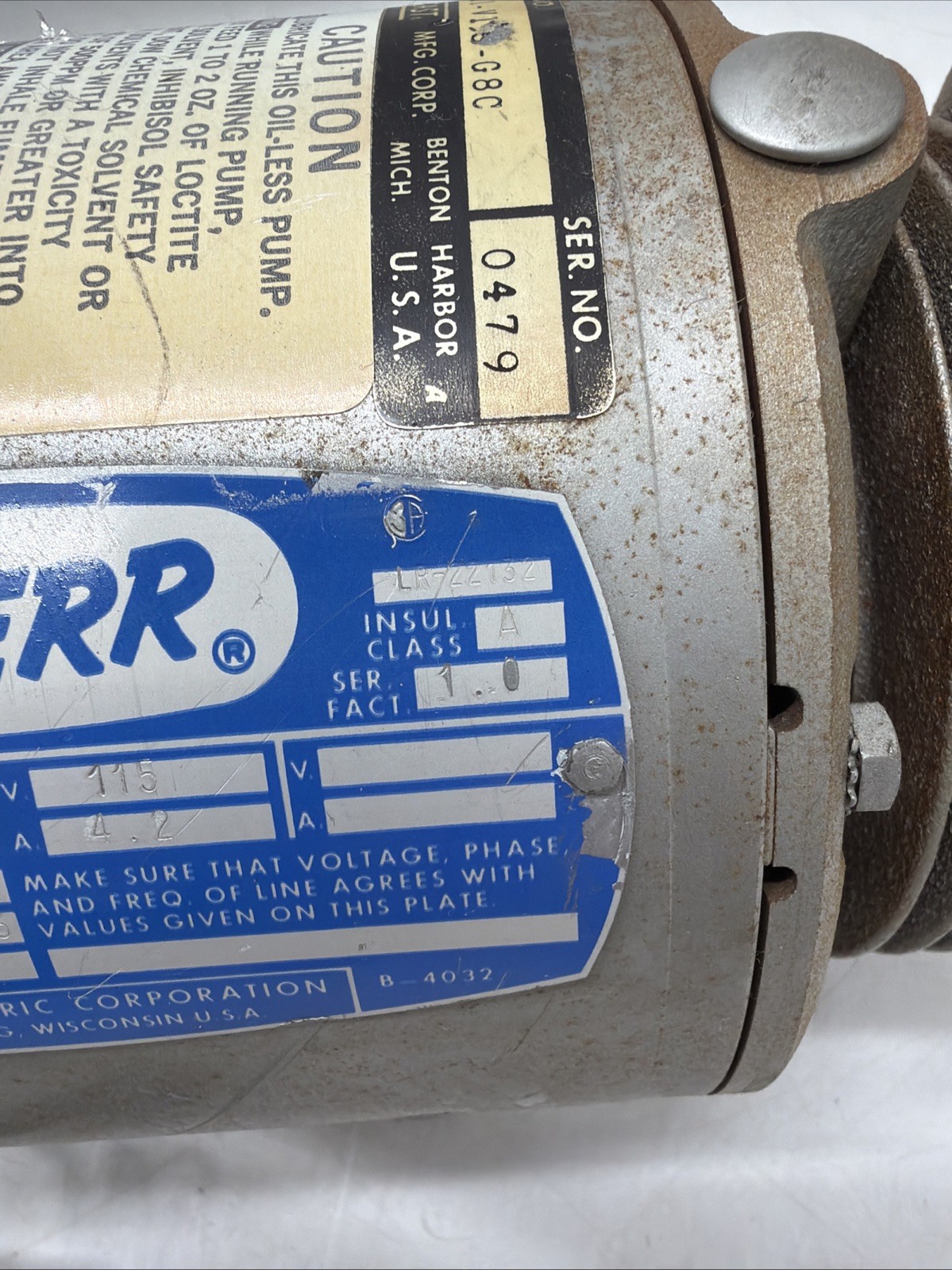 Doerr Gast Vacuum Pump 1/6hp 1725 rpm