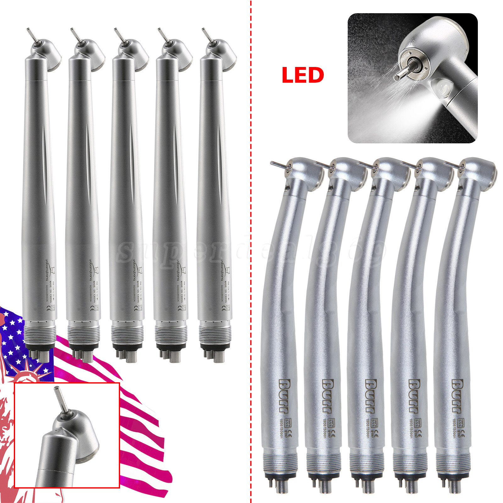 Dental Fiber Optic LED E-generator 4Hole/45 Degree No-LED Turbine Handpiece kv