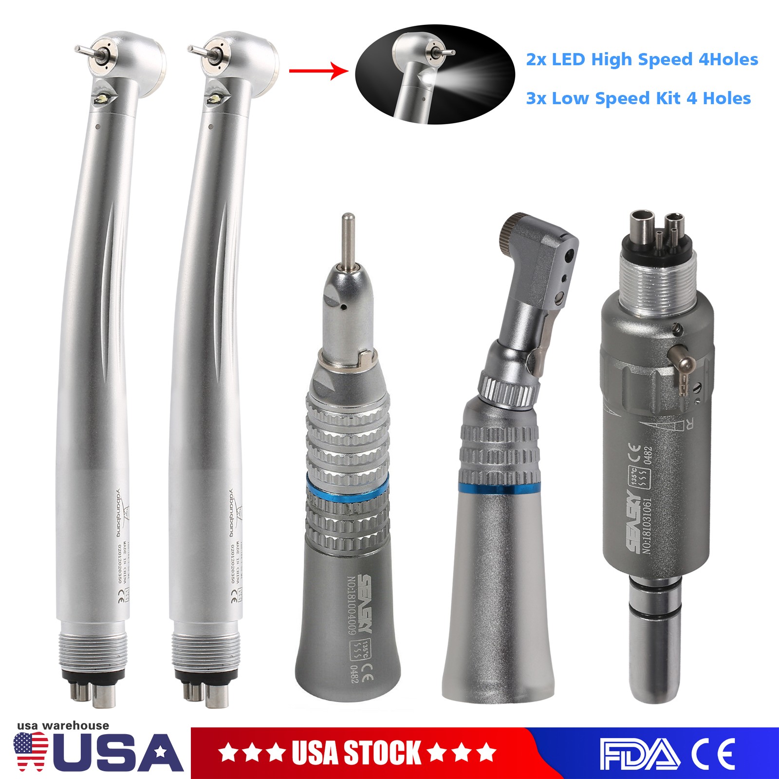 Dental LED High Low Speed Handpiece Push Button 2/4Hole Kit E-Type CE