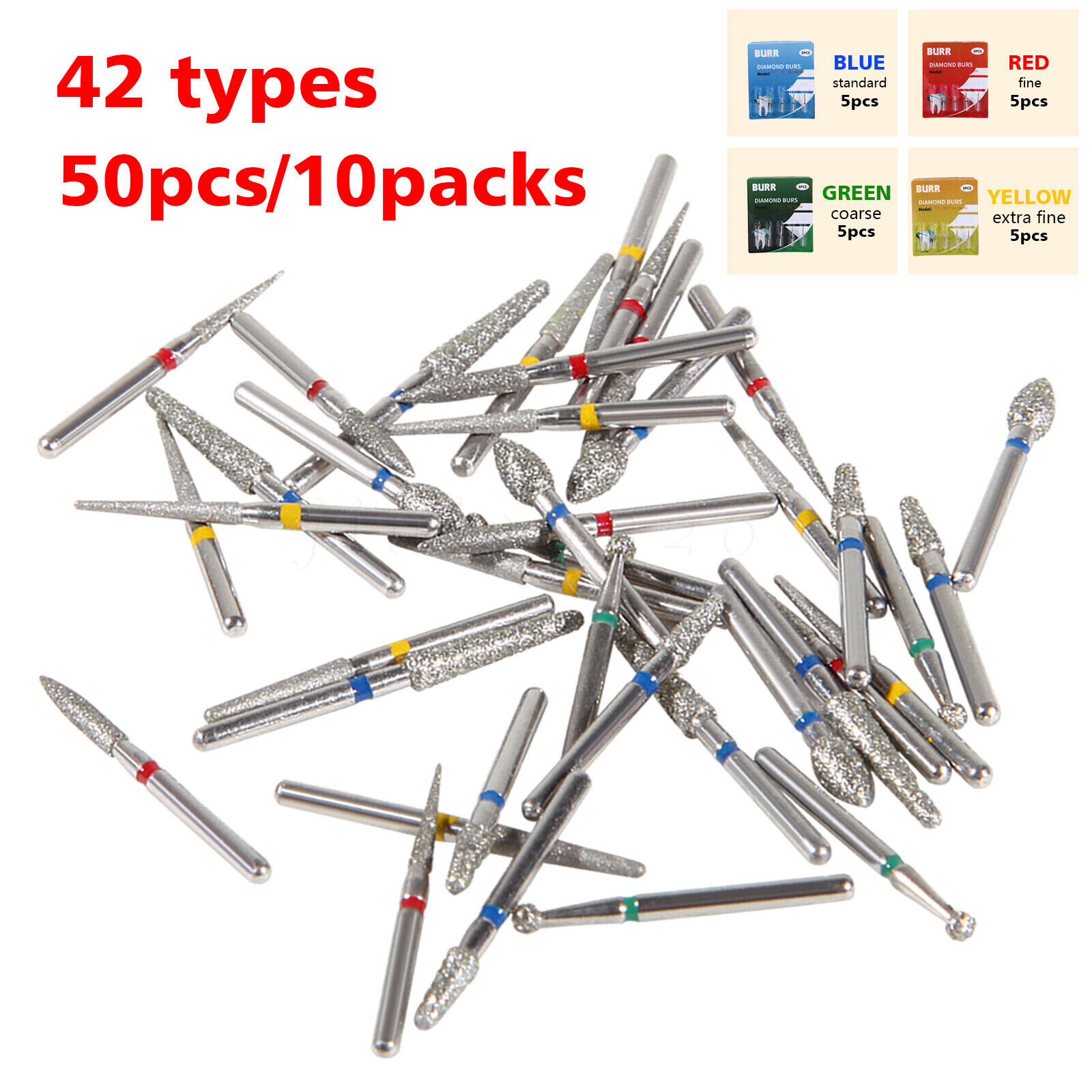 50pcs Fresas diamante Dental para agarre fricción pieza mano alta FG1.6mm 10 box