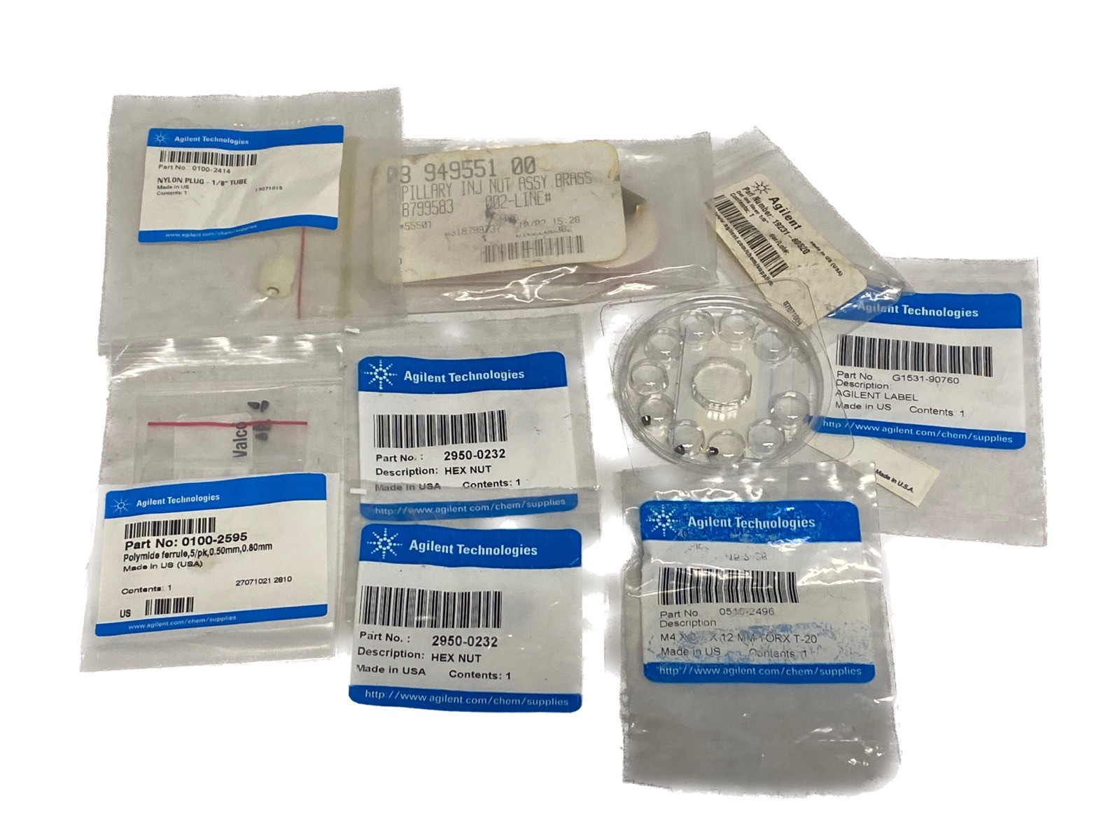Lot of AGILENT Chromatography Capillary Nuts, Hex Nuts Nylon Plug, Ferrules
