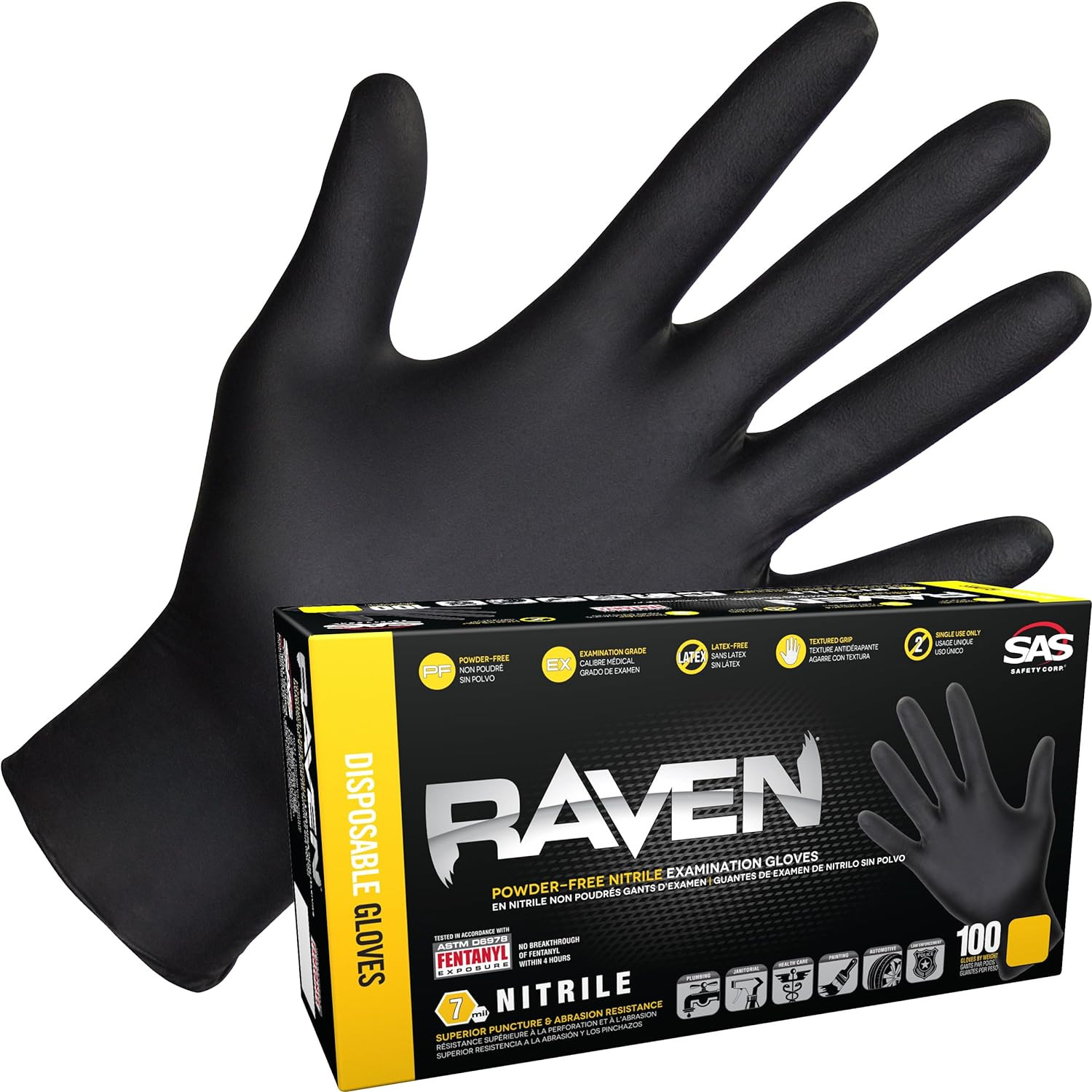Raven Powder-Free Disposable Black Nitrile Gloves – Large (100 Gloves)