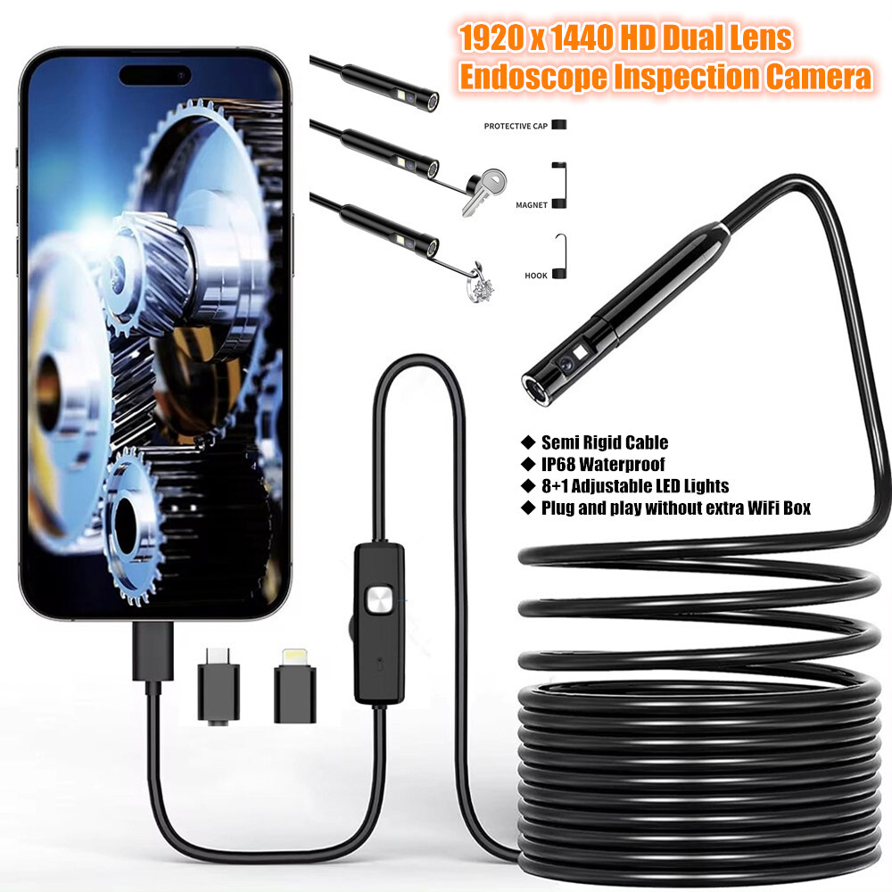 1920P HD Endoscope Camera, 8 LED Dual Lens, IP67 Waterproof for iOS/Android USA