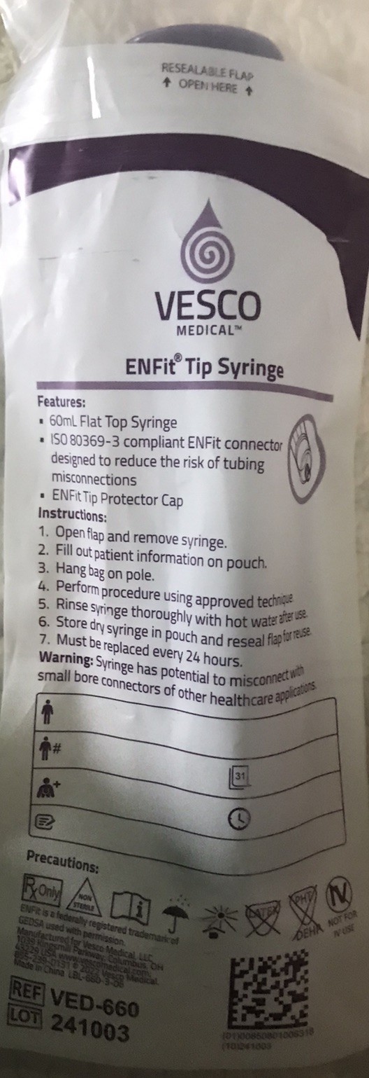 Lot of 11 Vesco ENFit Tip Syringe 60mL Flat Top VED-660 Tube Feeding Purple New
