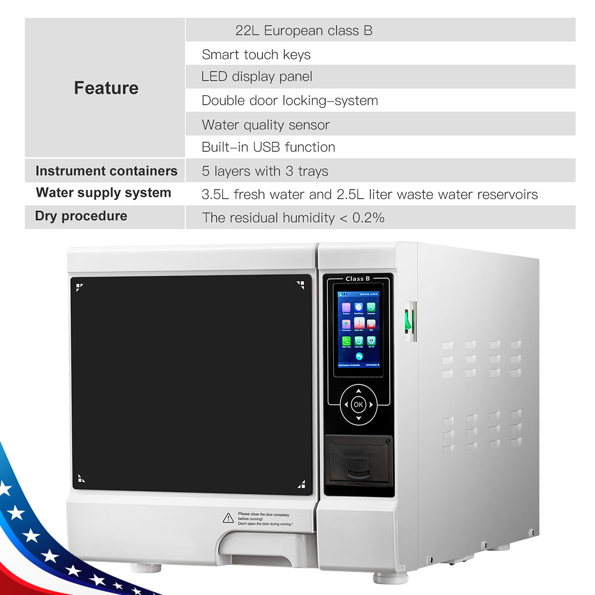 22L Dental Class B Autoclaves Steam Sterilizers built-in Printer/Storage Cabinet