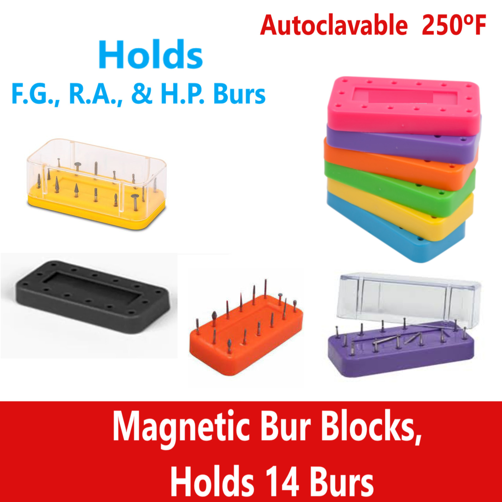 Dental Bur Block Magnetic RECTANGULAR Lab Holder Station Hold 14 Burs FG, HP, RA