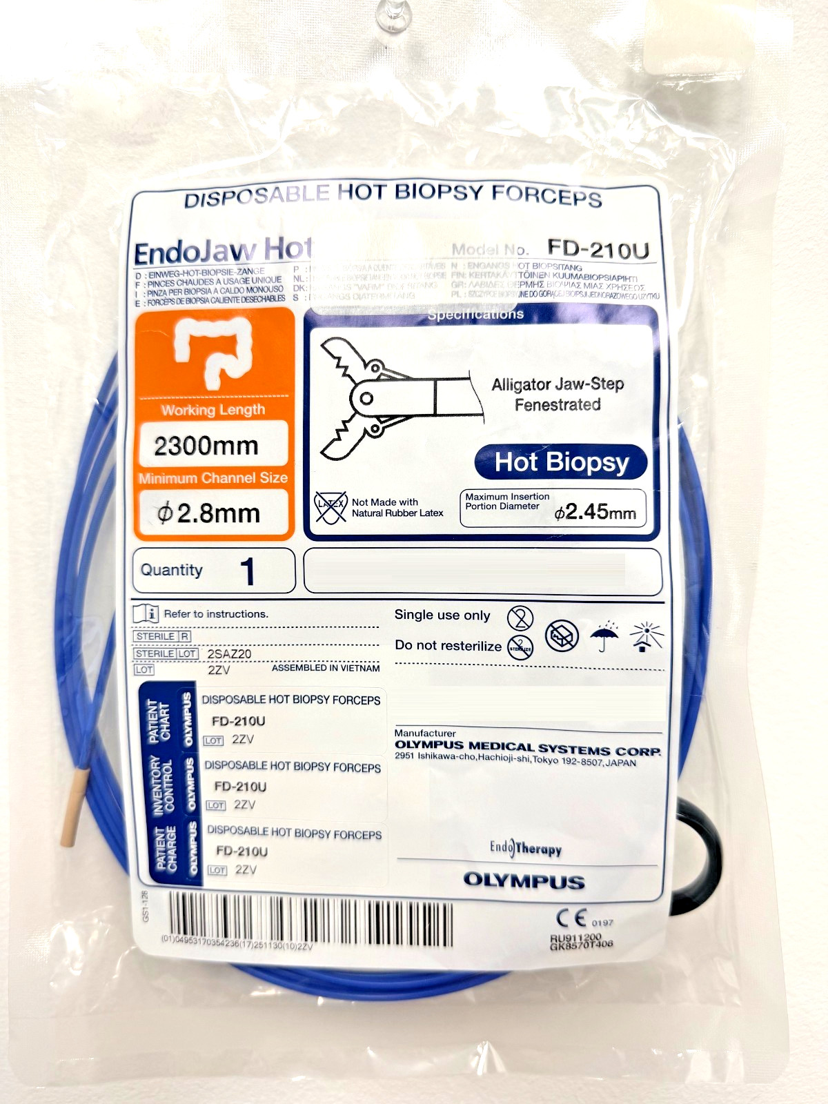 Olympus FD-210U Disposable HOT Biopsy Forceps 2.8mm x 2300mm Alligator Jaw, NEW!